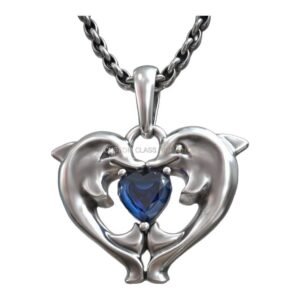 Sterling silver dolphins kissing heart pendant, finished pendant on chain closeup