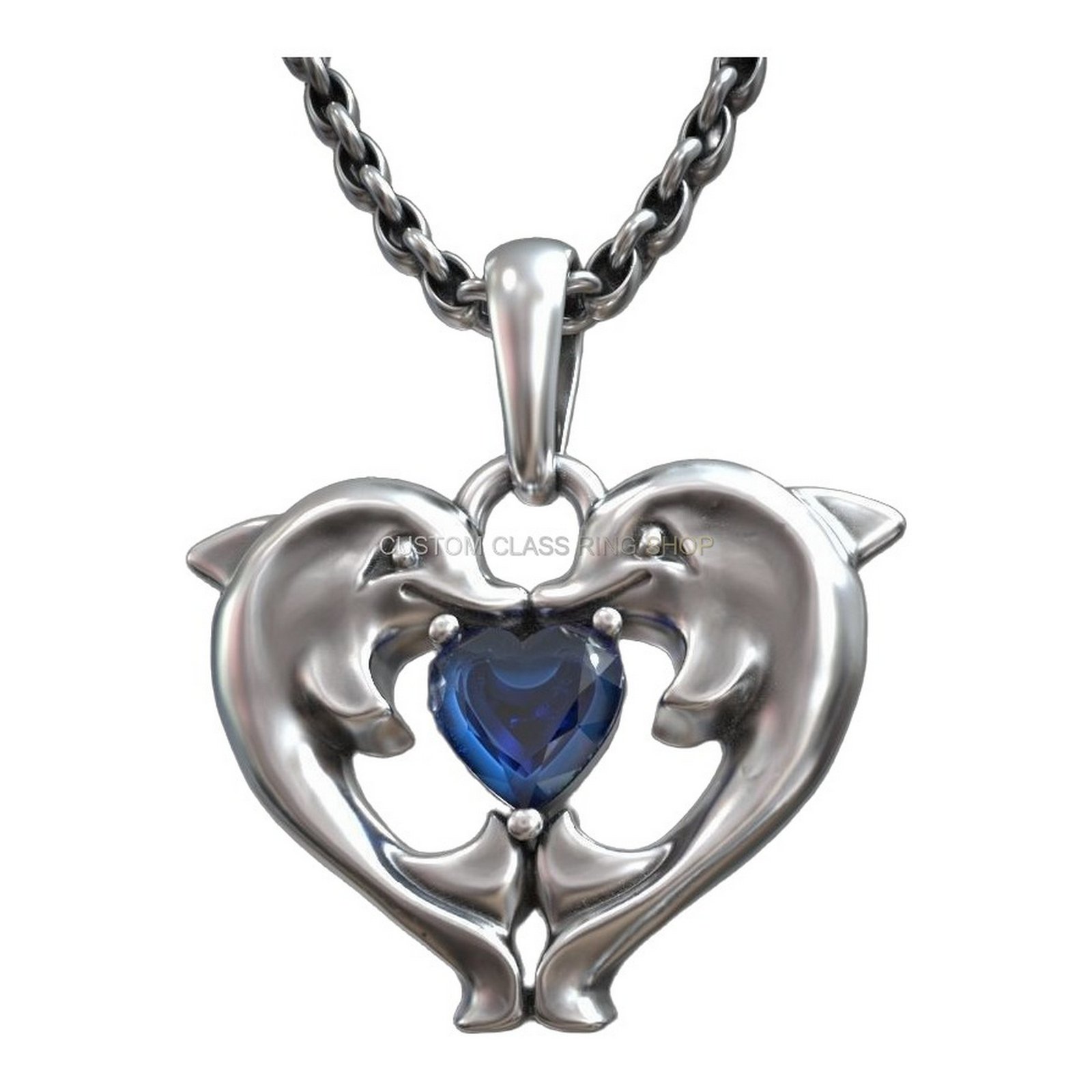 Sterling silver dolphins kissing heart pendant, finished pendant on chain closeup