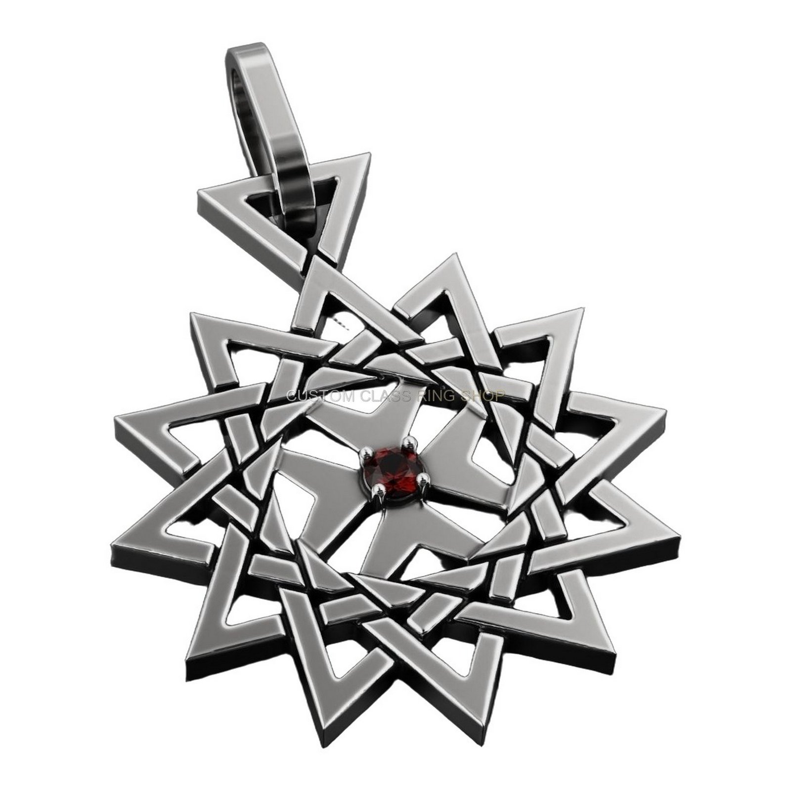 Sterling silver geometric star pendant, angled side view with chain