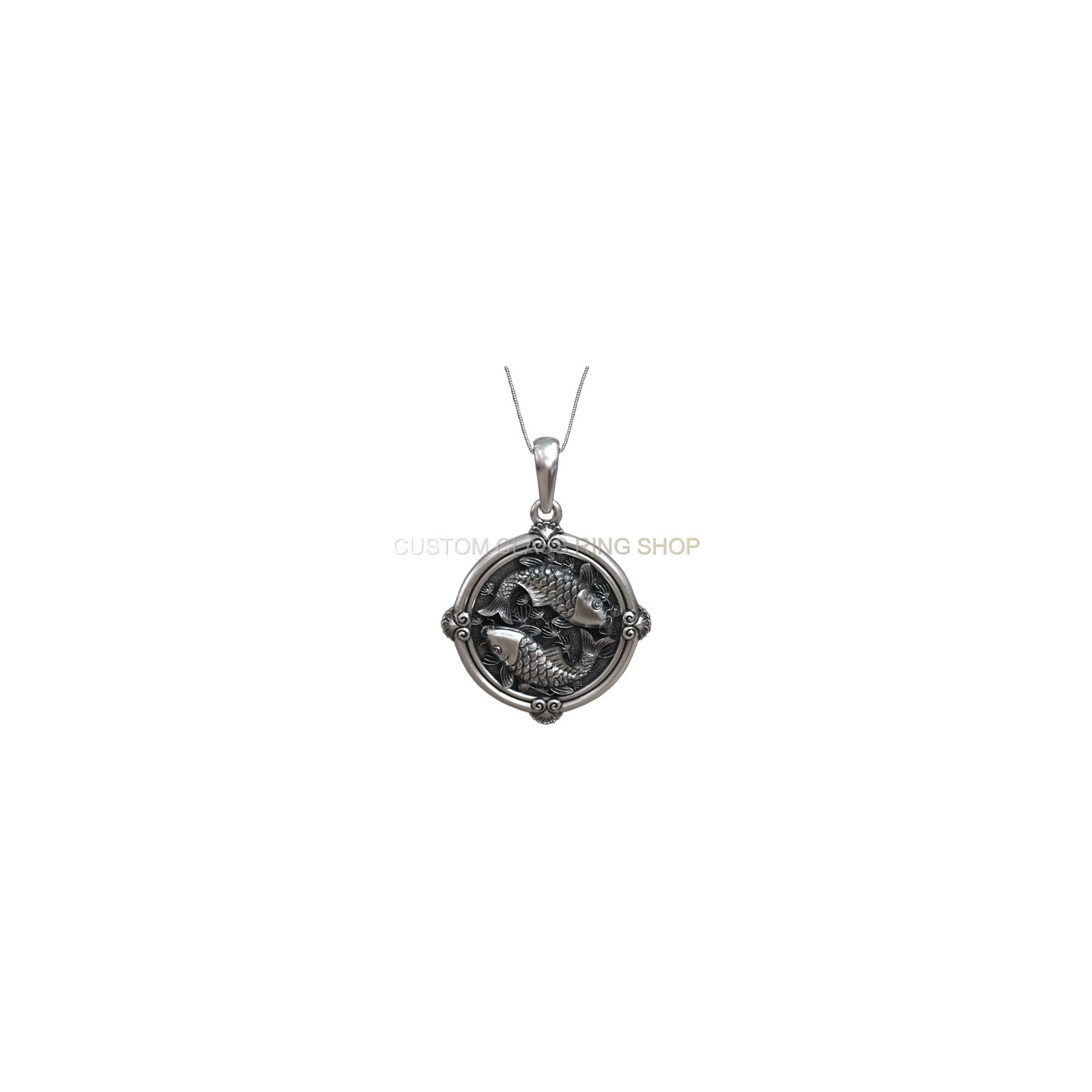Womens oxidized sterling silver carp koi pendant, angled front view of ornate beaded frame