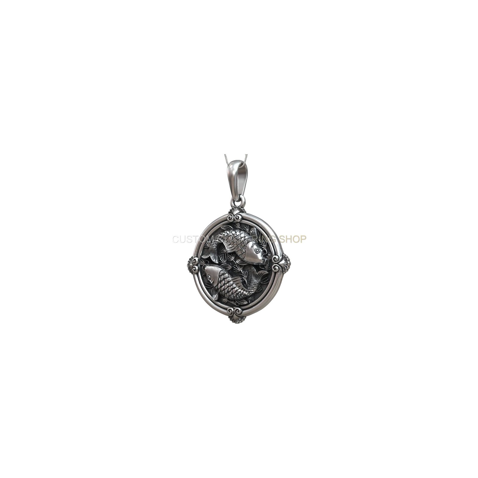 Womens oxidized sterling silver carp koi pendant, straight-on close-up of fish detail