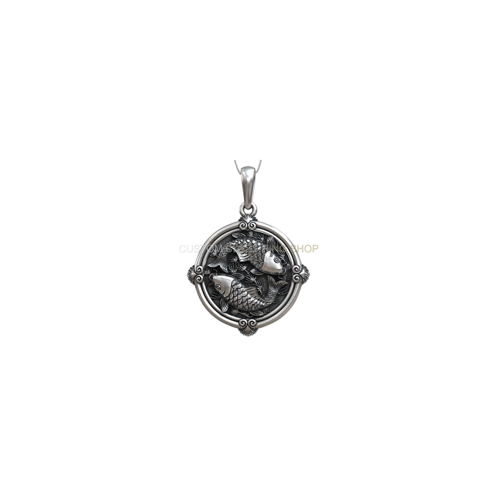 Women's oxidized sterling silver carp koi pendant with beaded frame