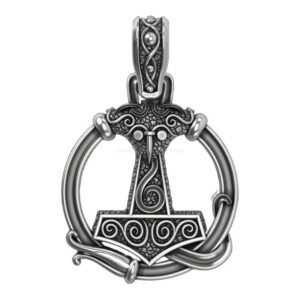 Sterling silver hammer pendant necklace with ornamental patterns and scroll handles
