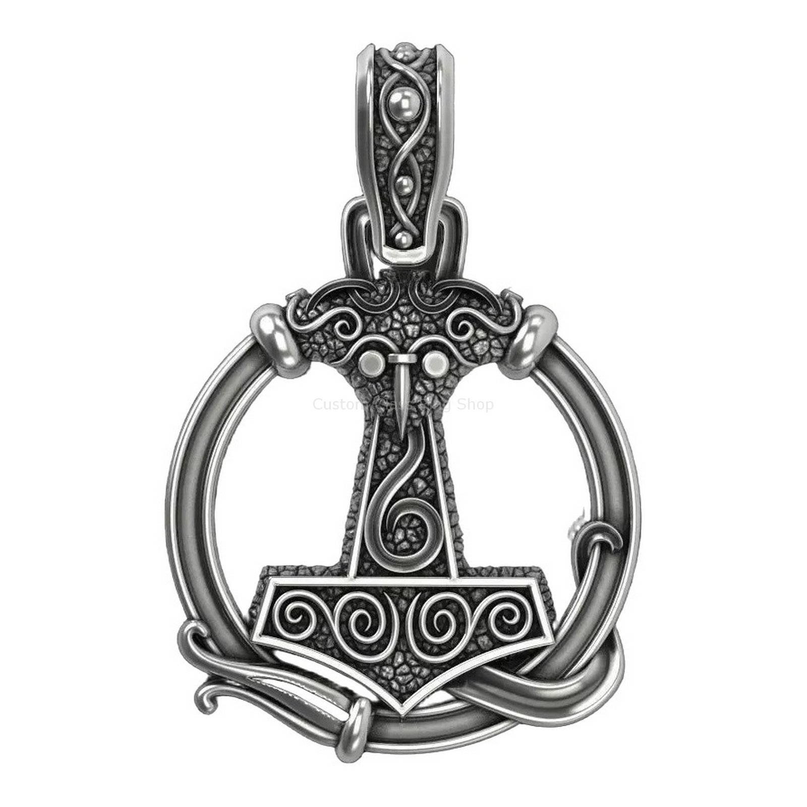 Sterling silver hammer pendant necklace with ornamental patterns and scroll handles