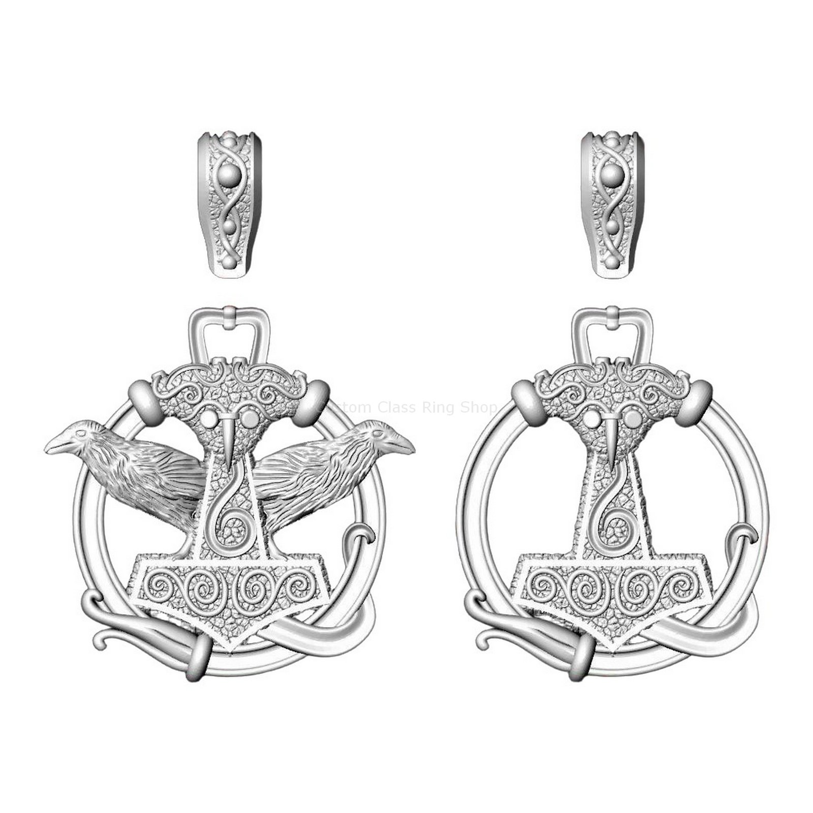 Sterling silver hammer pendant necklace, Angled perspective highlighting ornamental frame