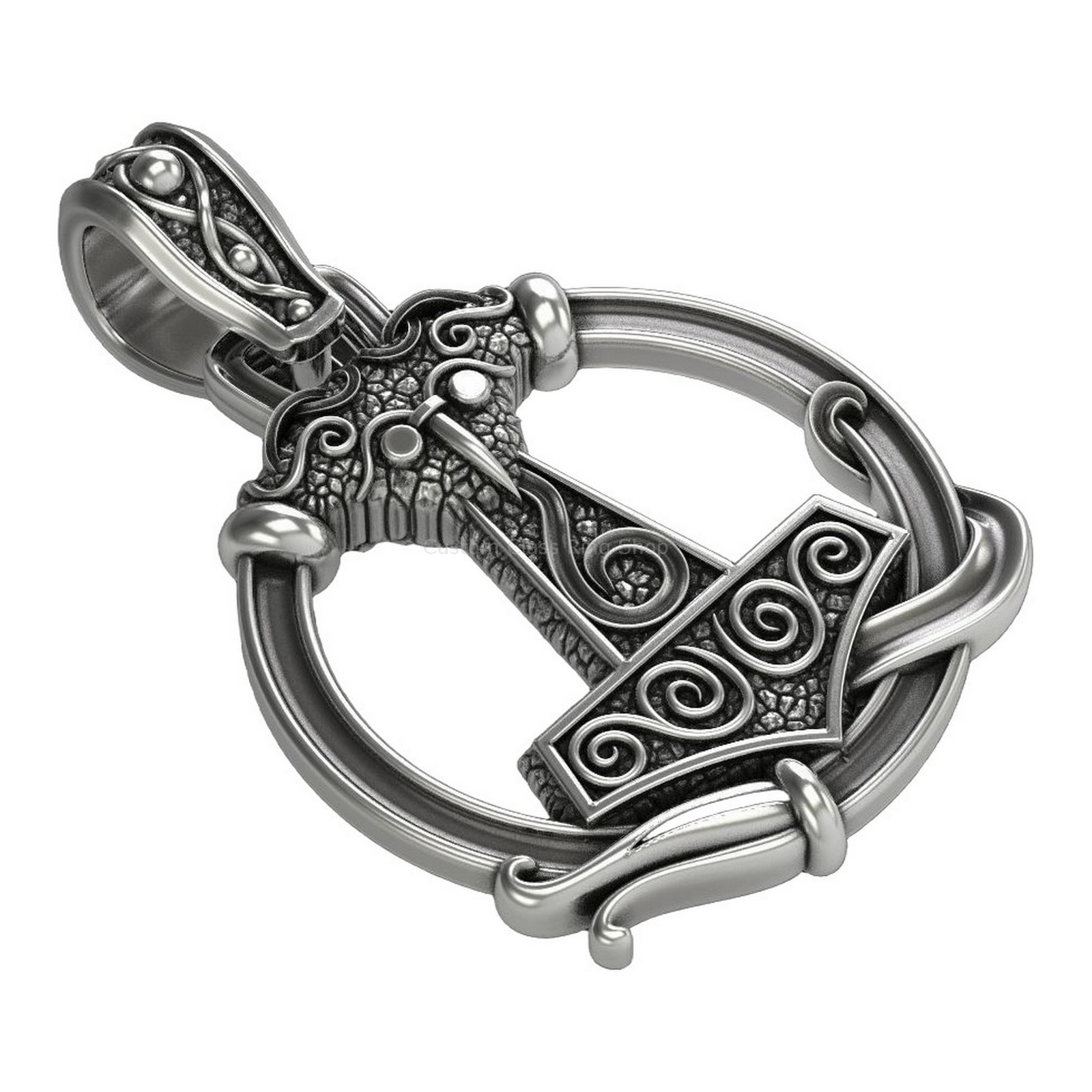 Sterling silver hammer pendant necklace, Three-dimensional profile with scroll handles
