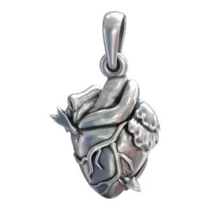 Sterling silver anatomic heart arrow pendant with anatomical chambers and piercing arrow detail