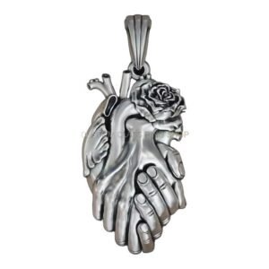 Sterling silver heart hands rose pendant with protective hands and detailed rose
