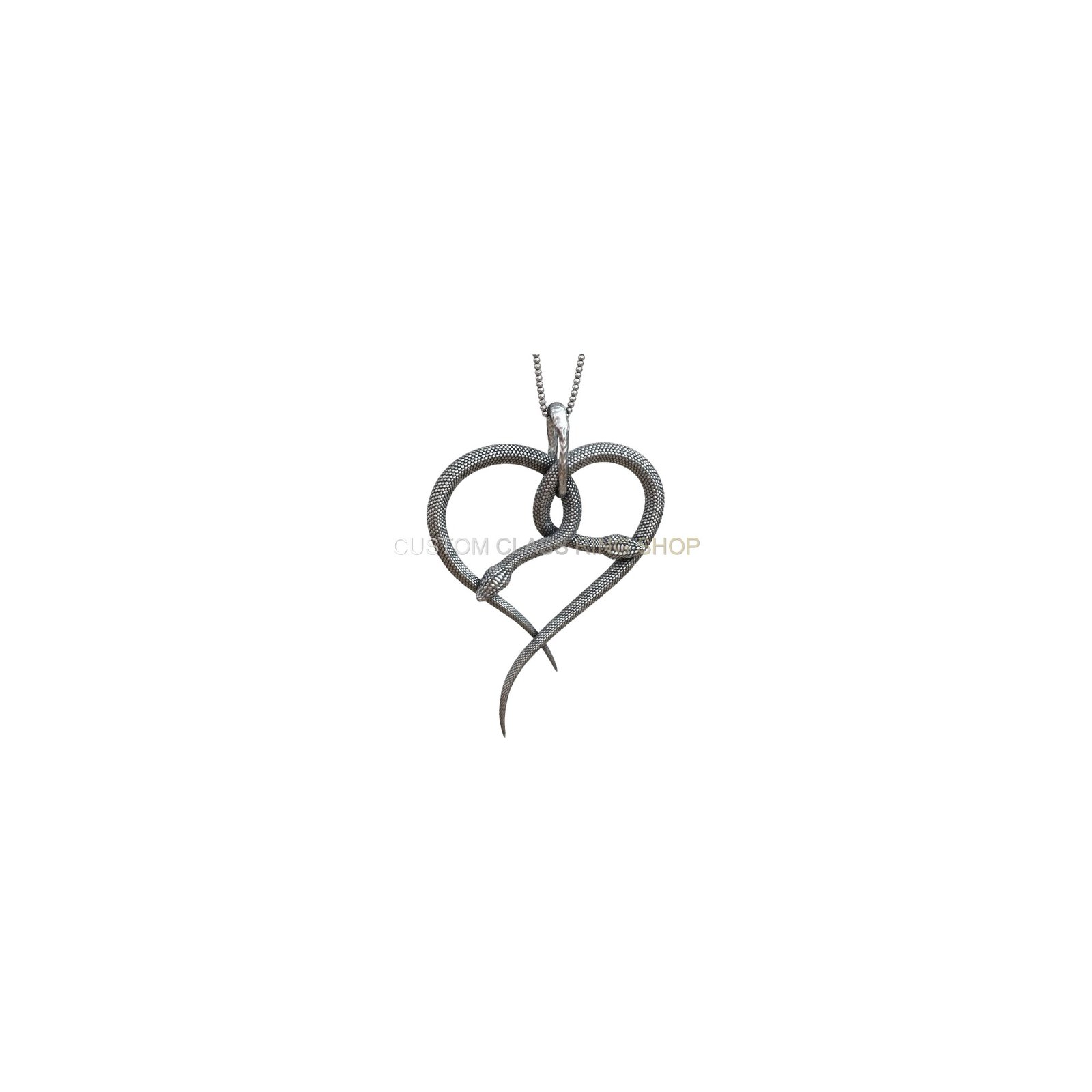 Sterling silver heart snake pendant, front facing serpent heart