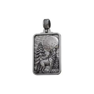 Sterling silver howling wolf pendant with moon and engraved forest