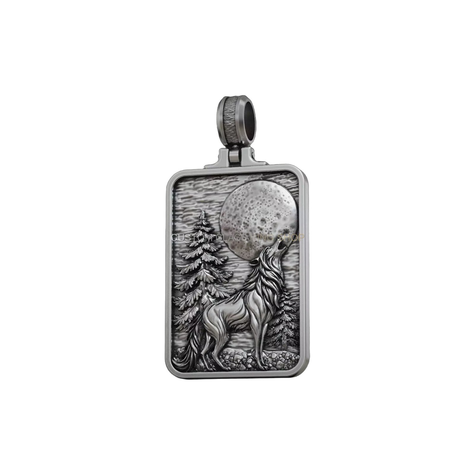 Sterling silver howling wolf pendant with moon and engraved forest