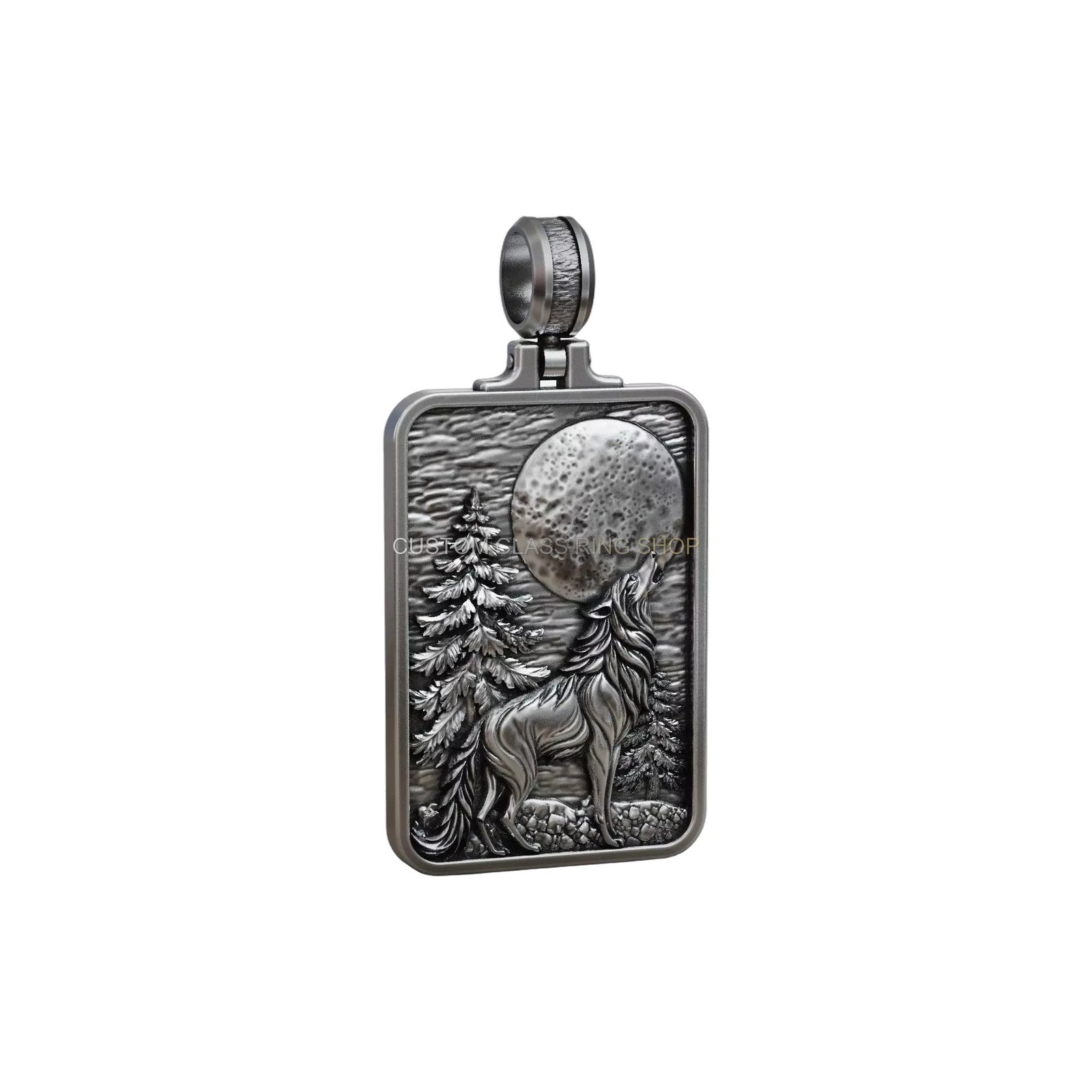 Sterling silver howling wolf pendant, front centered direct angle