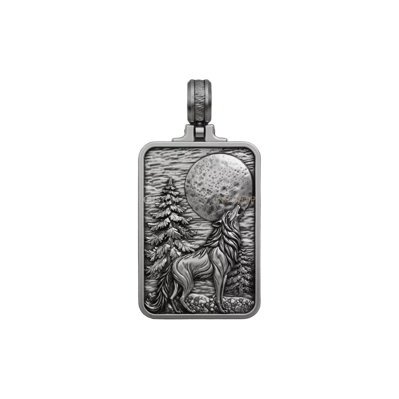 Sterling silver howling wolf pendant, front centered portrait angle