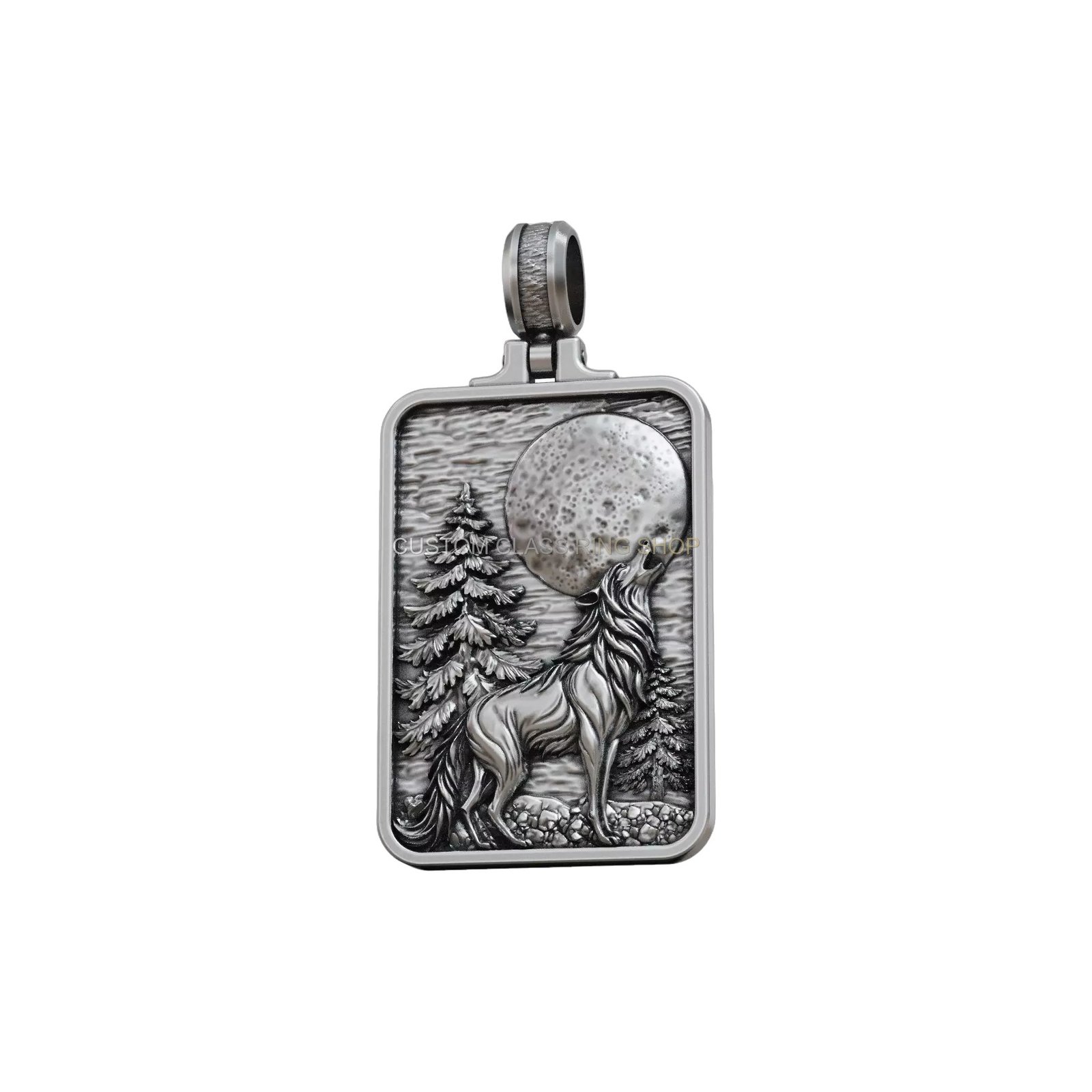 Sterling silver howling wolf pendant, front centered full view