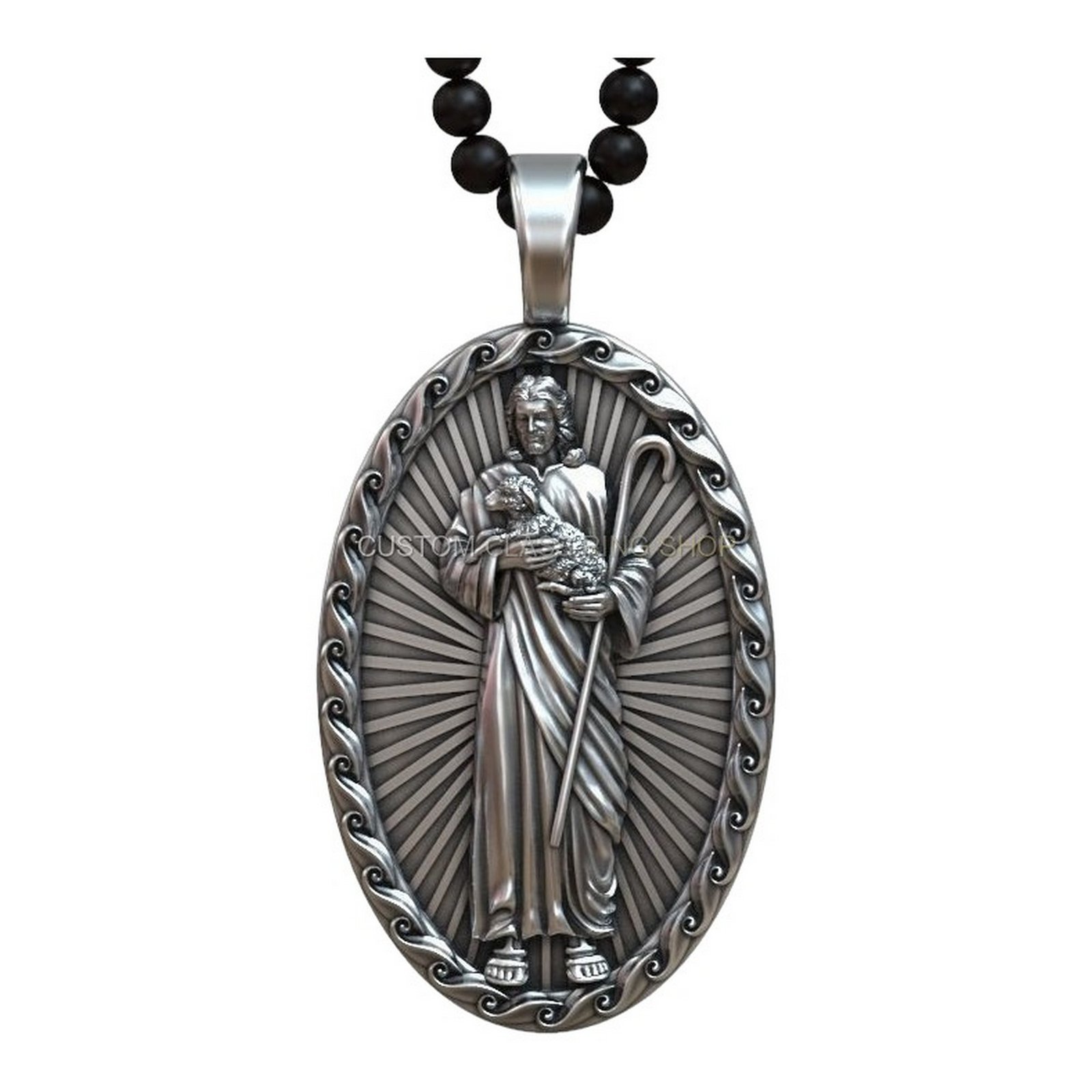 Sterling silver Jesus Christ pendant necklace, front-facing figure illustration