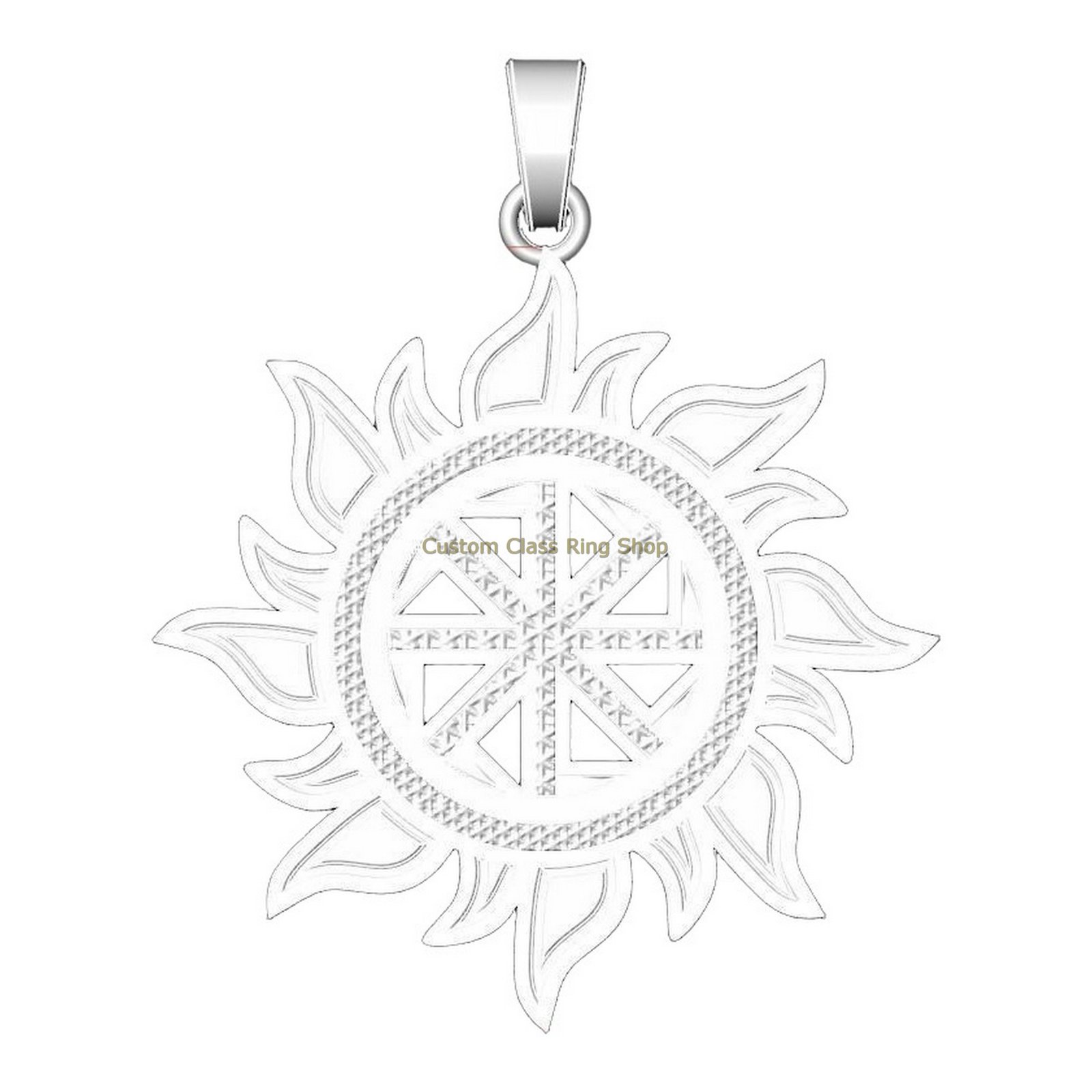 Sterling silver kolovrat sun pendant with geometric wheel and radiating petals