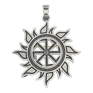 Sterling silver kolovrat sun pendant with geometric wheel and radiating petals