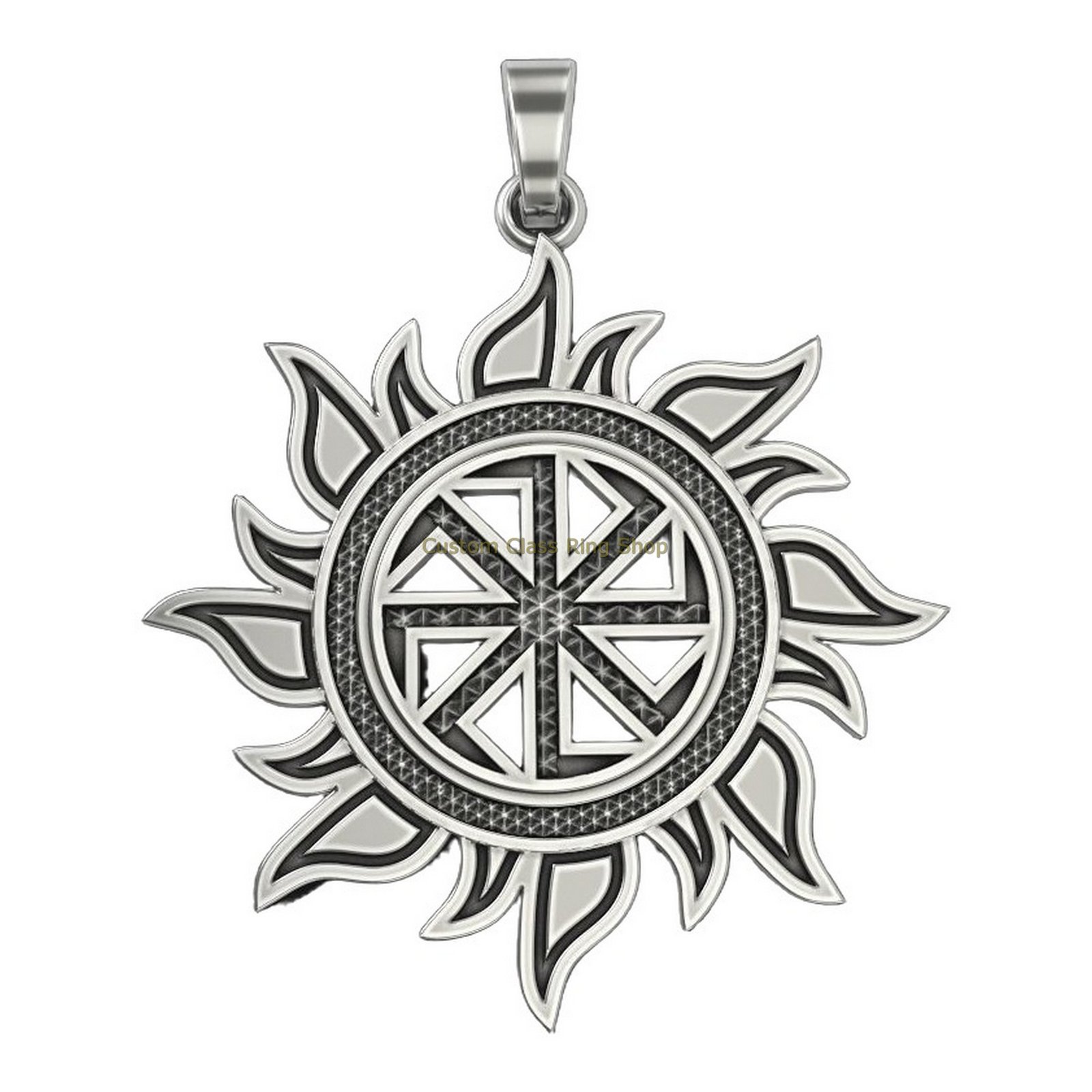 Sterling silver kolovrat sun pendant with geometric wheel and radiating petals