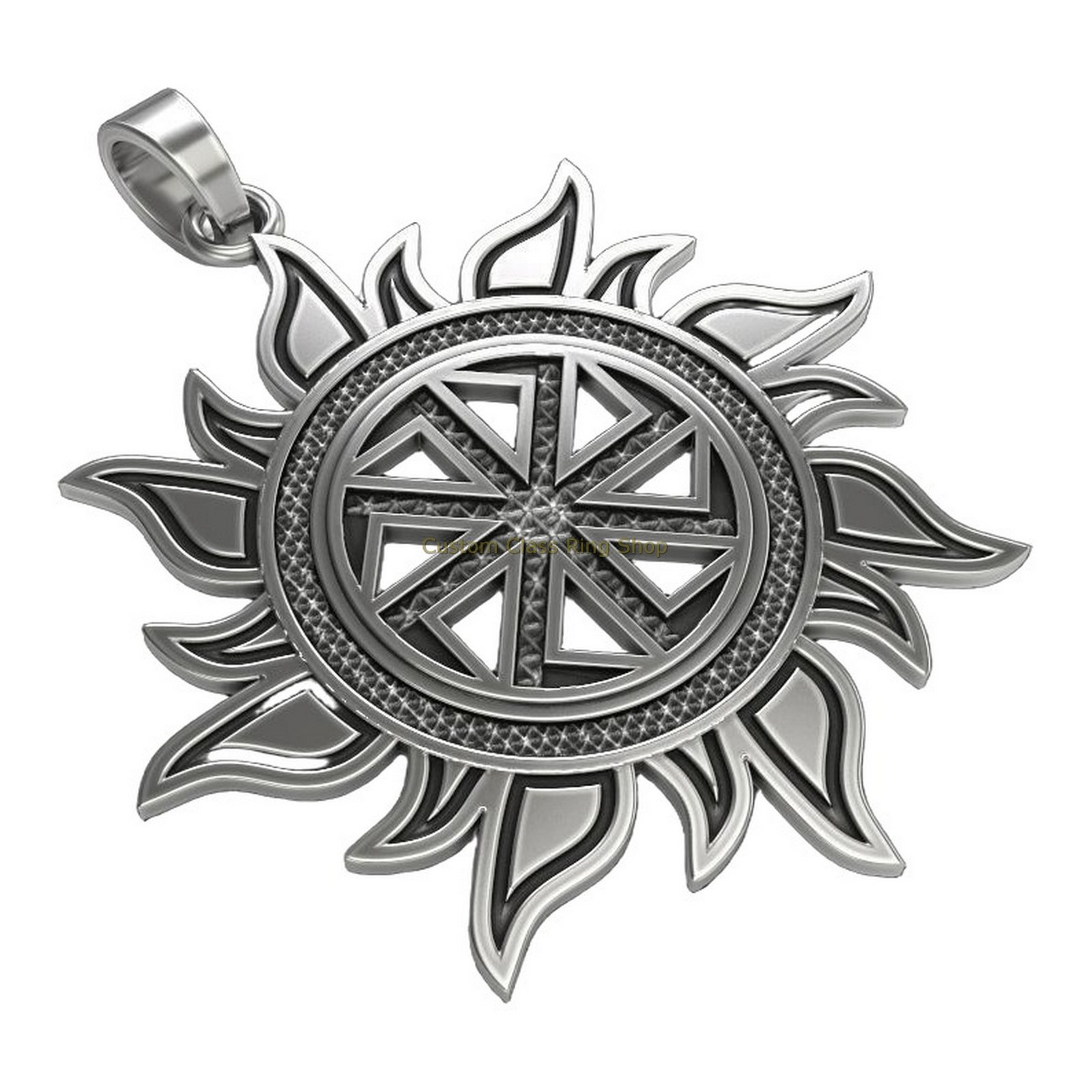 Sterling silver kolovrat sun pendant, angled three-quarter view