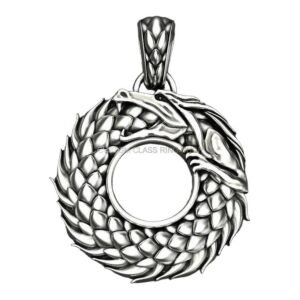 Sterling silver ouroboros dragon pendant with sculptured wings and polished stone center