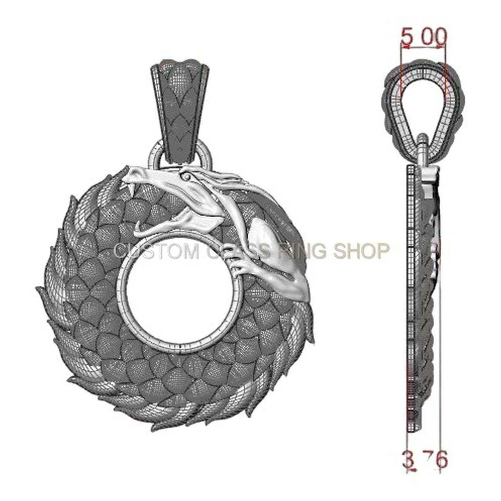 Sterling silver ouroboros dragon pendant with sculptured wings and polished stone center