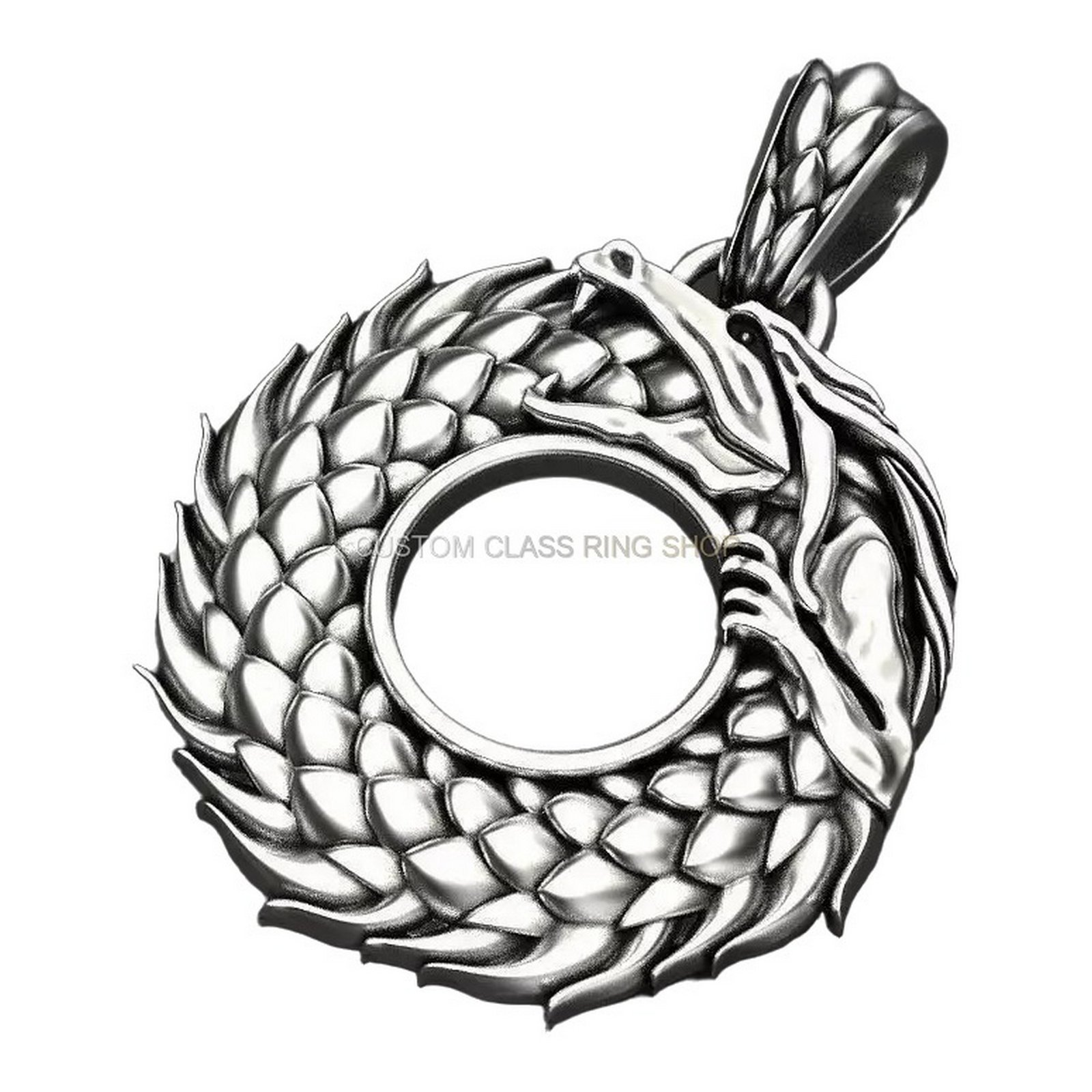 Sterling silver ouroboros dragon pendant, left side three-quarter angle view