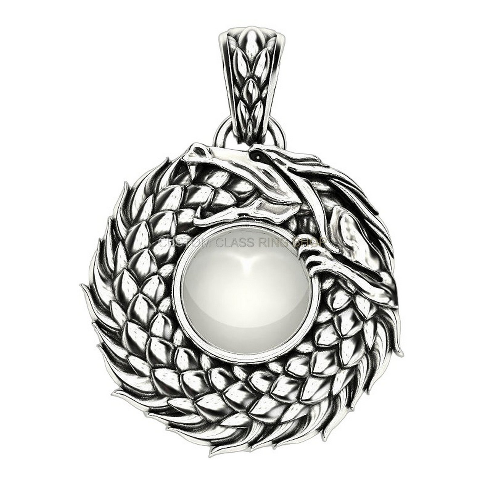 Sterling silver ouroboros dragon pendant, right side profile with dragon wings detail