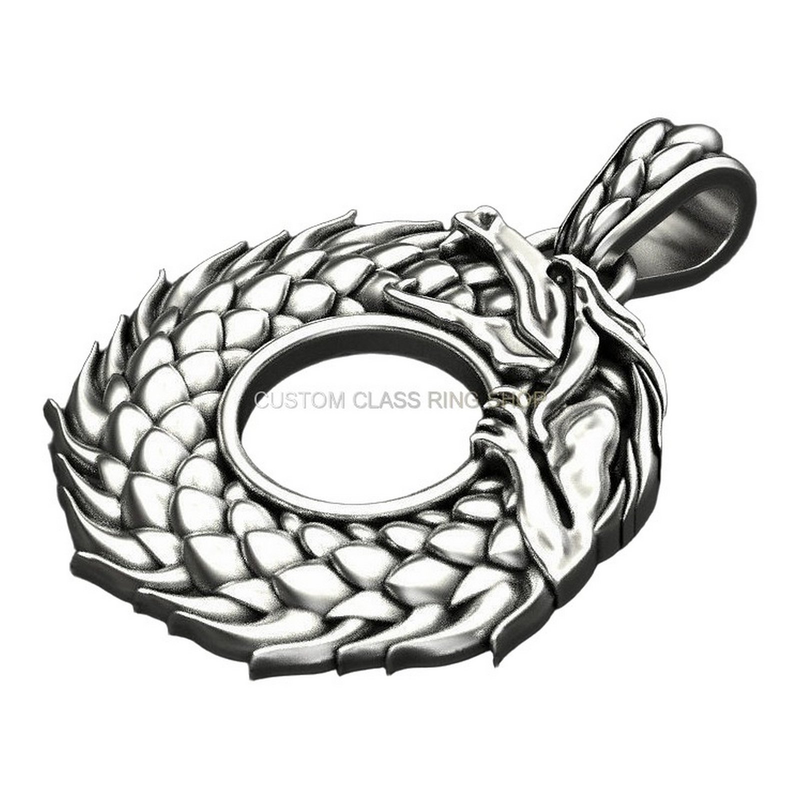 Sterling silver ouroboros dragon pendant, angled view showing polished stone and scale work