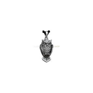 Oxidized sterling silver owl bird pendant with detailed feathers and piercing eyes