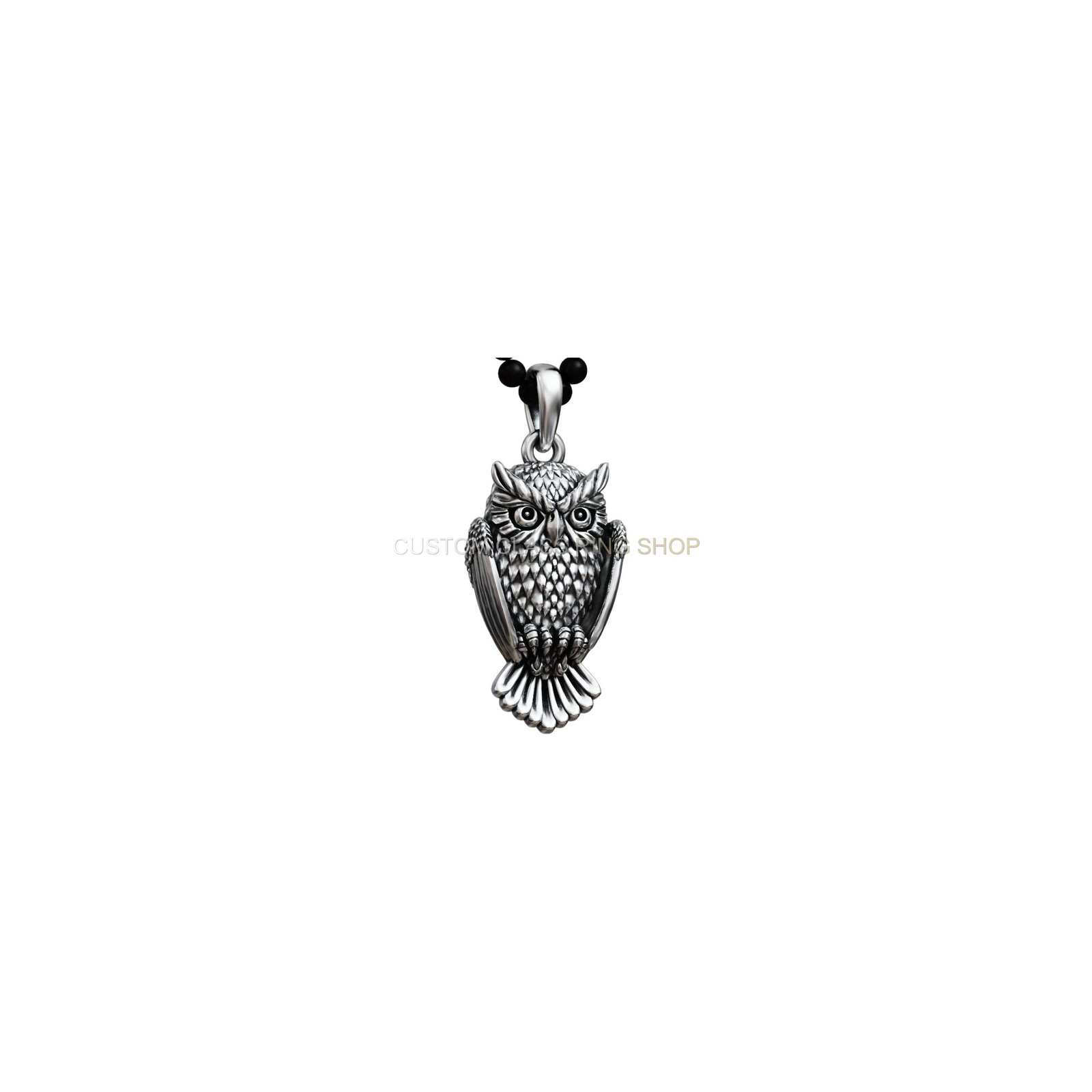 Oxidized sterling silver owl bird pendant with detailed feathers and piercing eyes