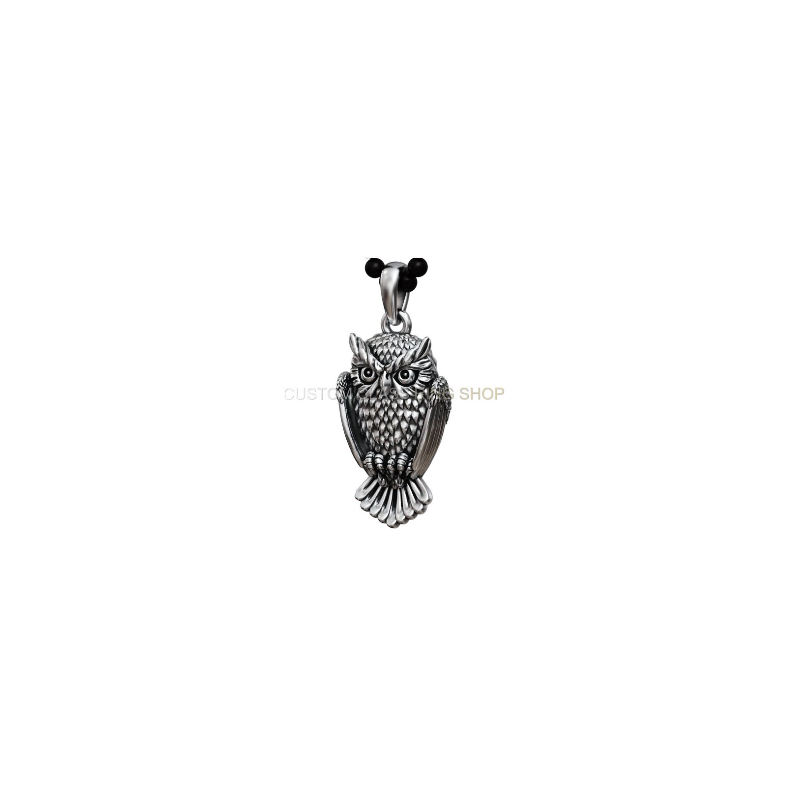Sterling silver owl bird pendant, front centered detail