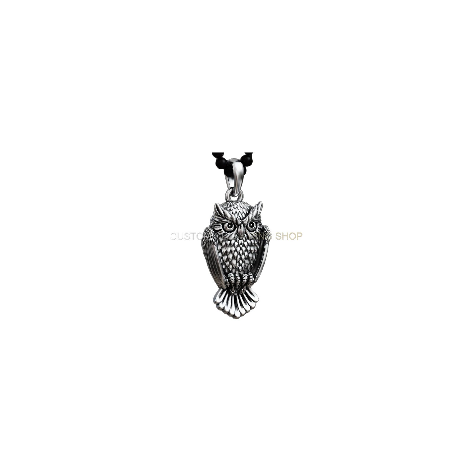 Sterling silver owl bird pendant, front head-on view with beaded bail