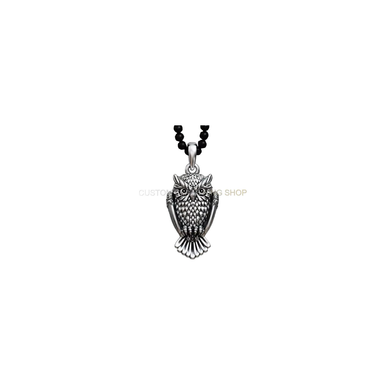 Oxidized sterling silver owl bird pendant with detailed feathers and piercing eyes