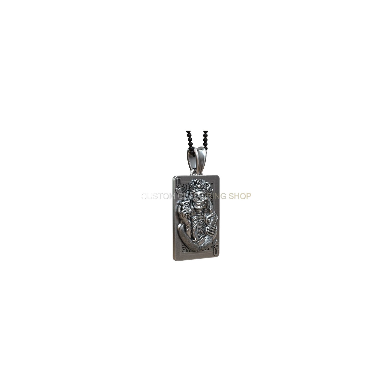 Sterling silver playing card queen hearts pendant with undead gothic motif