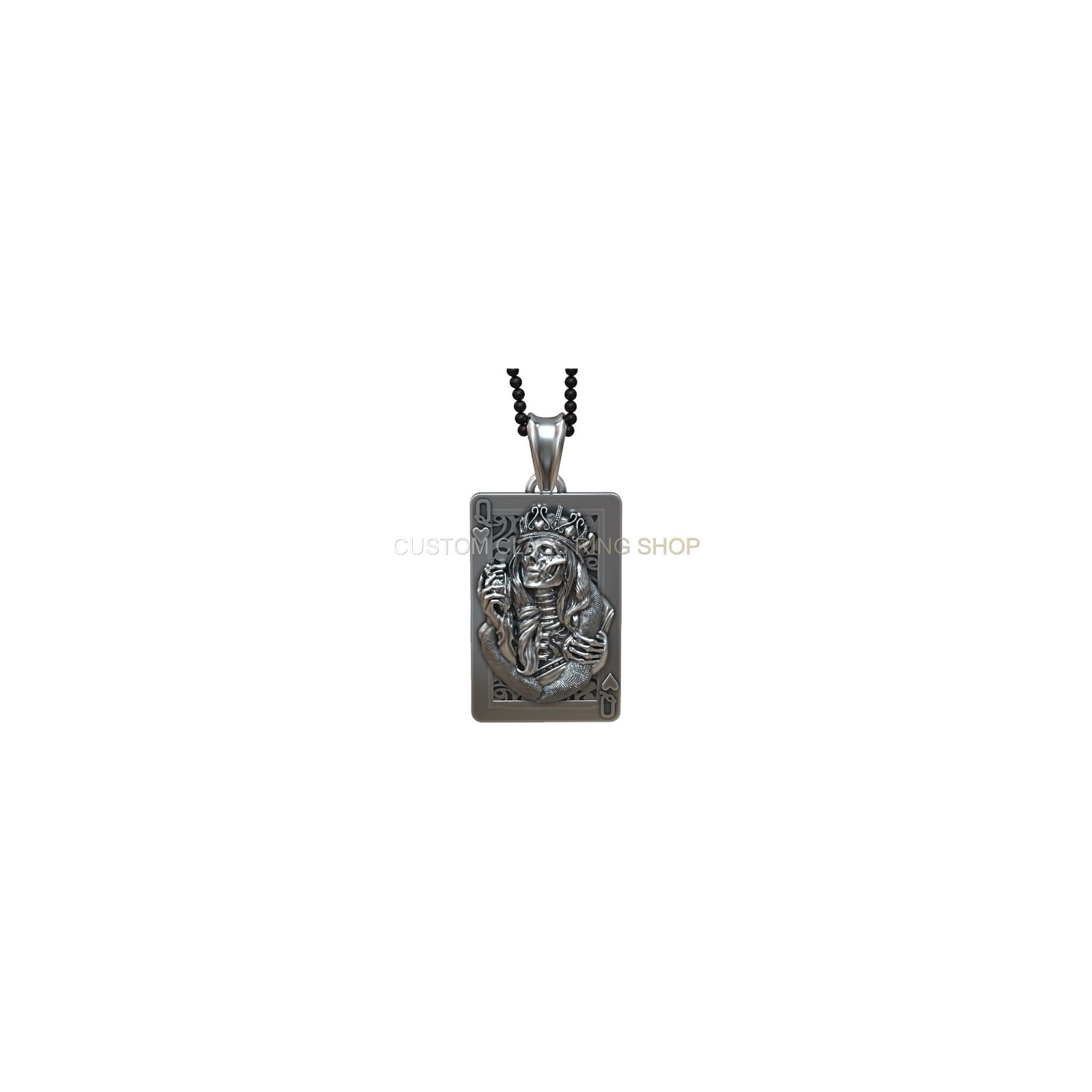 Sterling silver playing card queen hearts pendant, front angled view with chain