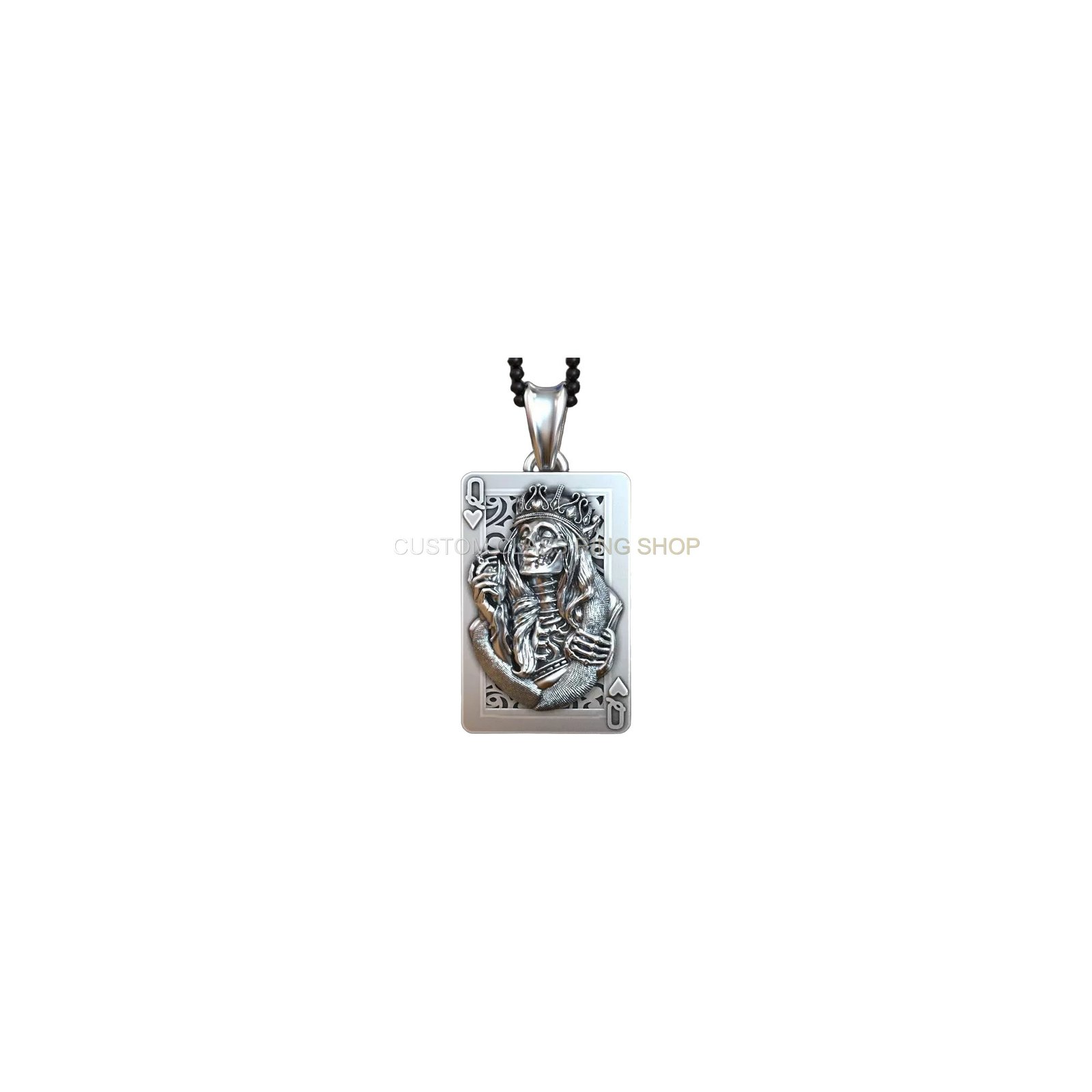 Sterling silver playing card queen hearts pendant with undead gothic motif