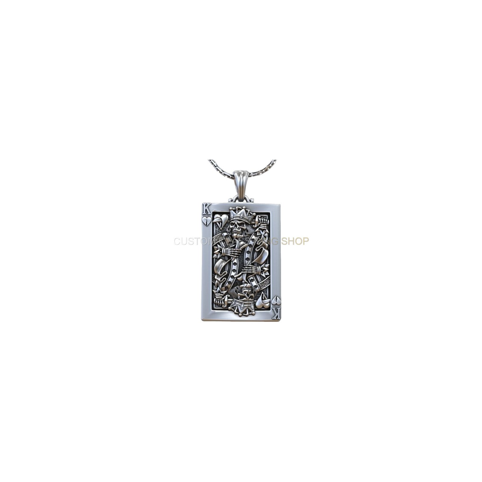 Sterling silver playing card skull pendant with Undead King of Hearts design