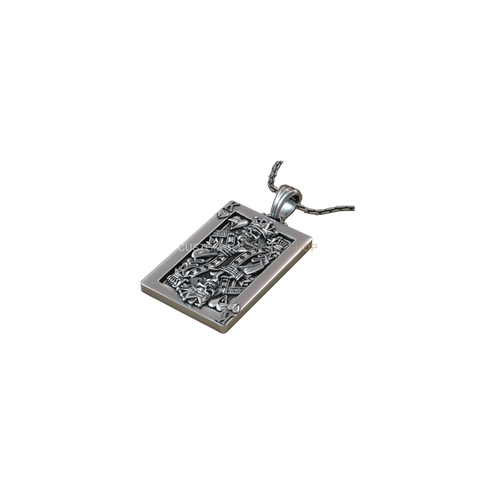 Sterling silver playing card skull pendant, angled pendant perspective view