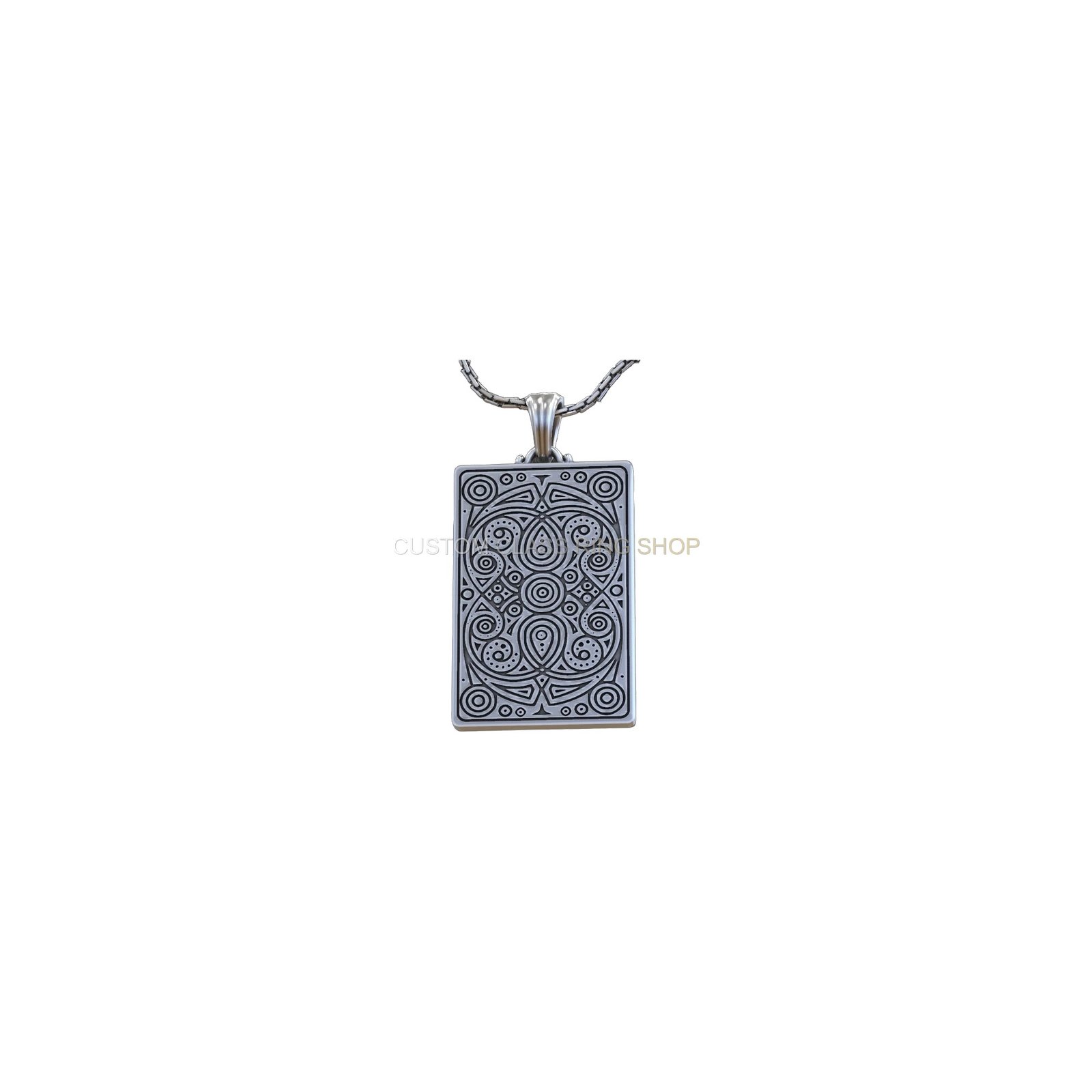 Sterling silver playing card skull pendant, oxidized pendant angled shot