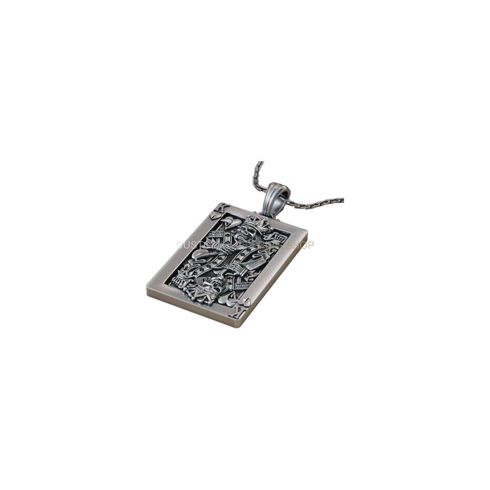 Sterling silver playing card skull pendant, oxidized pendant three-quarter view