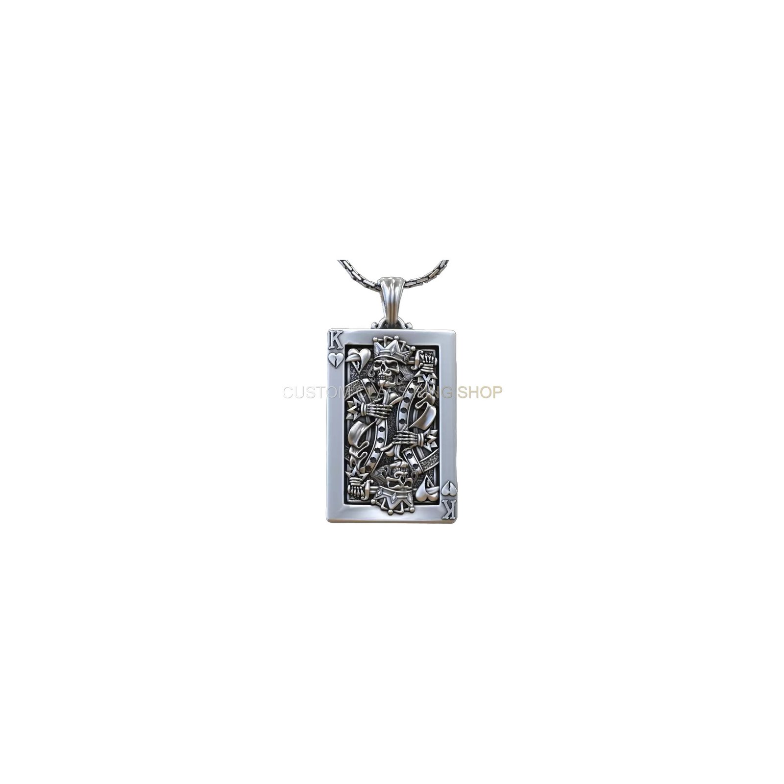 Sterling silver playing card skull pendant with Undead King of Hearts design