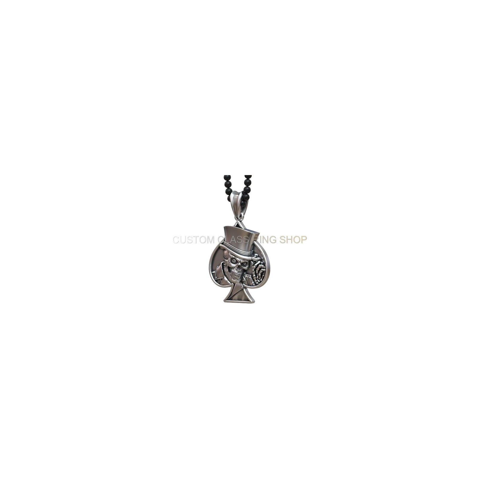 Sterling silver skull spades card pendant, straight-on spade pendant with skull detail