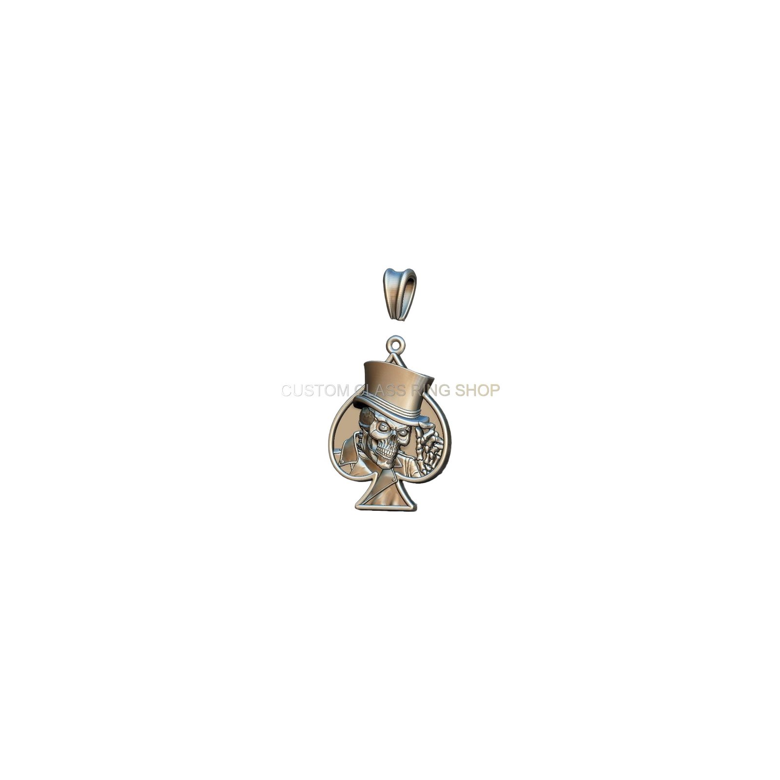 Sterling silver skull spades card pendant, angled view with brass-tone finish