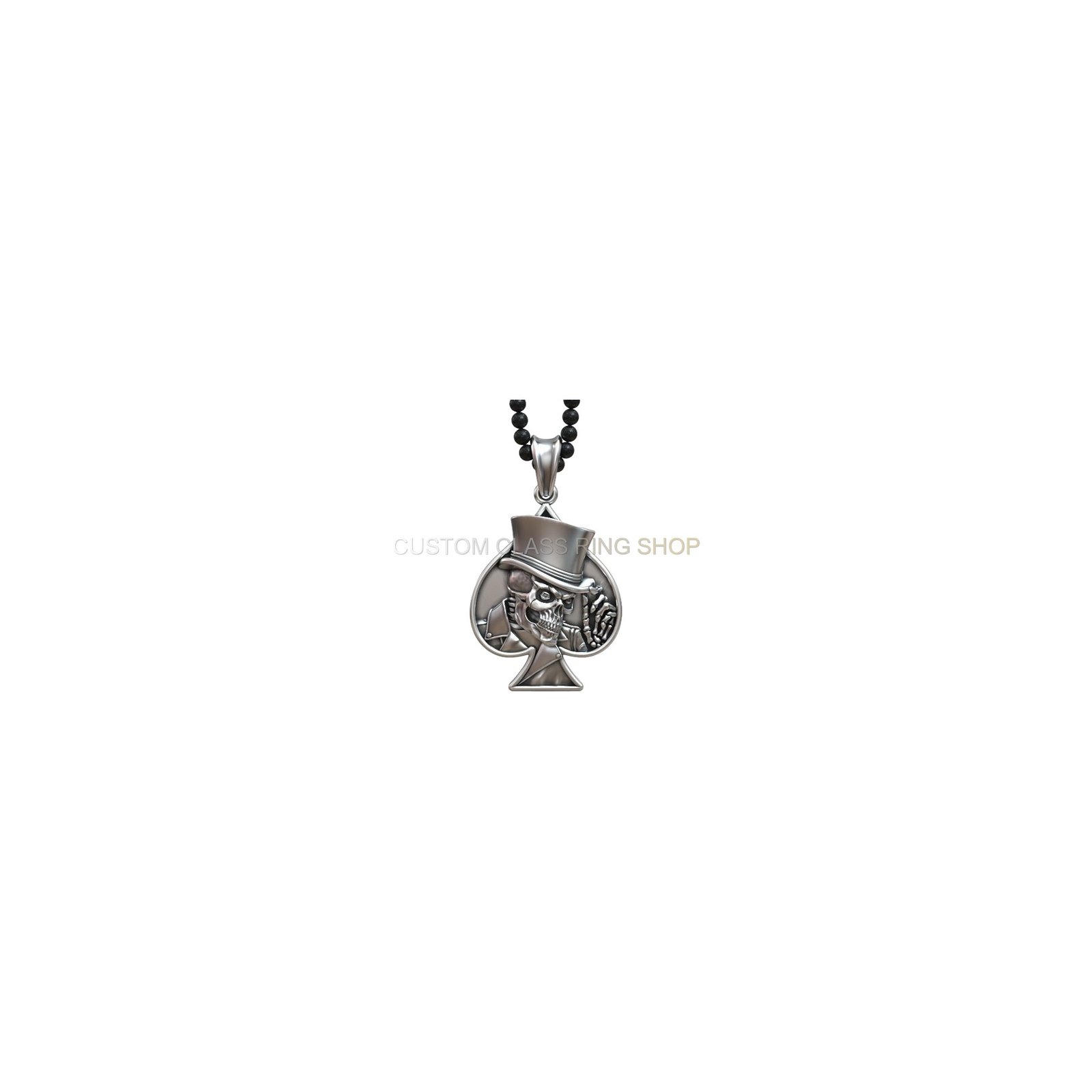 Sterling silver skull spades card pendant, front view on black beaded chain