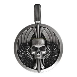 Sterling silver winged skull pendant with detailed feathers and beaded frame