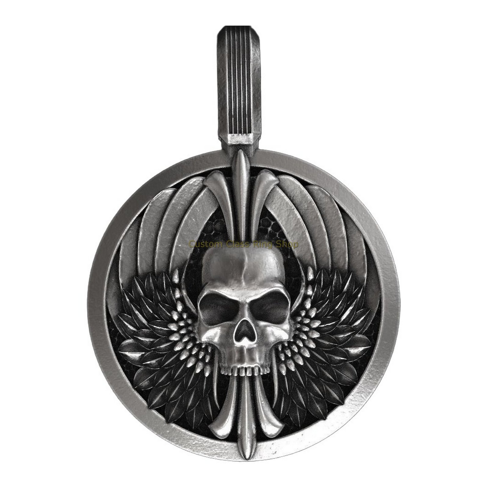 Sterling silver winged skull pendant with detailed feathers and beaded frame