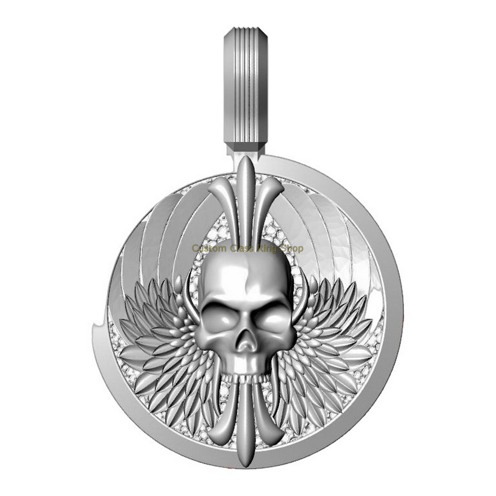 Sterling silver winged skull pendant, front angled view with wing detail