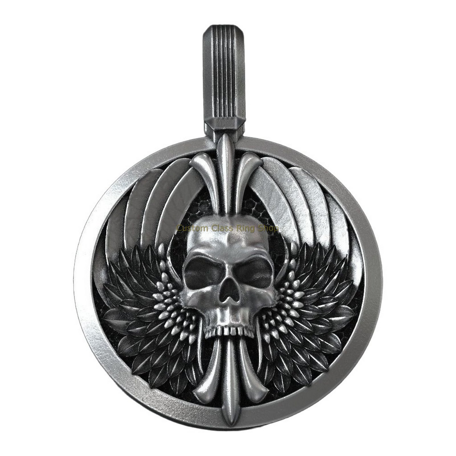 Sterling silver winged skull pendant, front three-quarter view