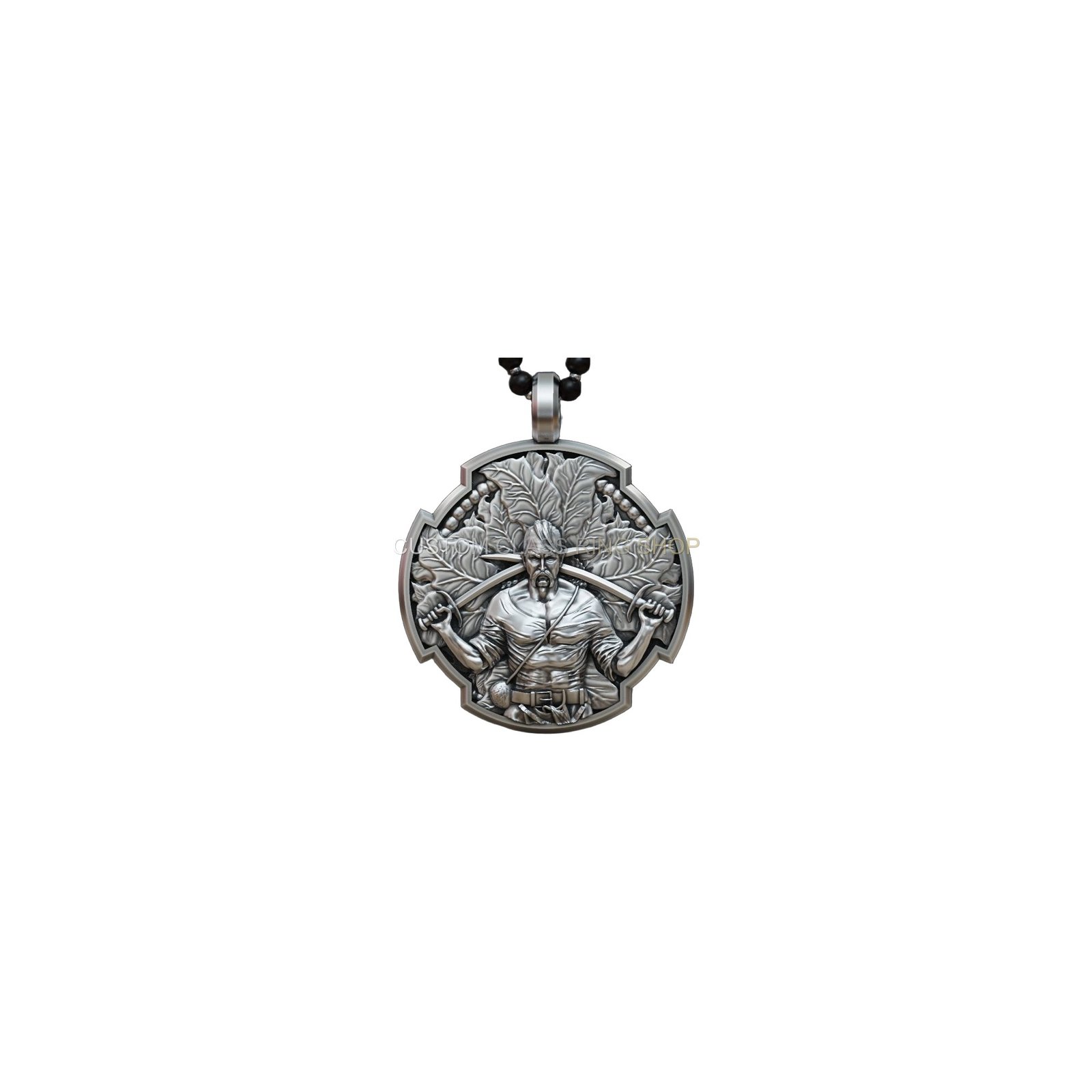 Sterling silver cossack warrior prayer pendant, alternate angled front view