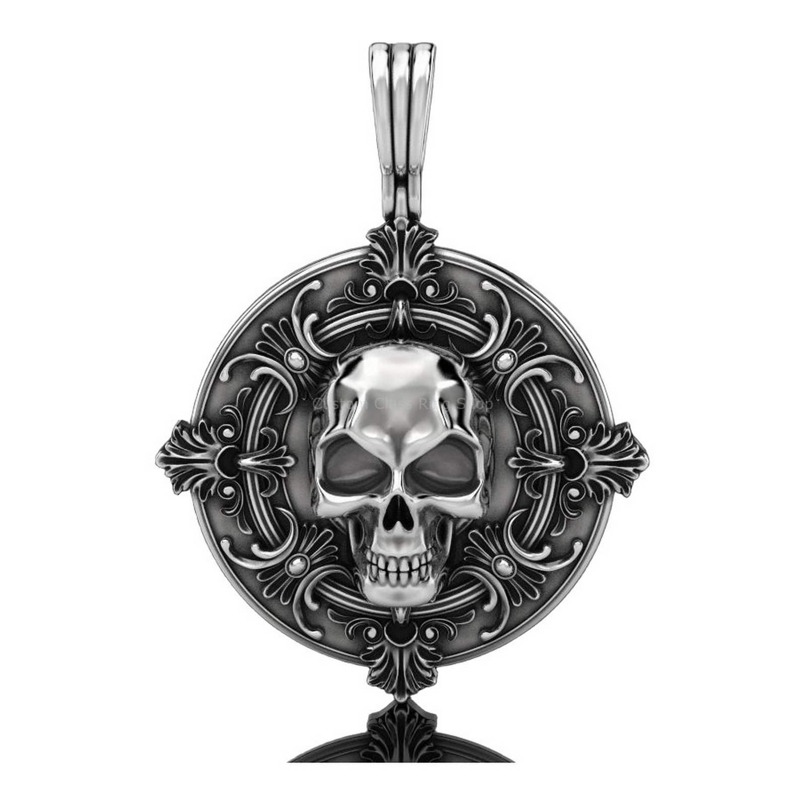 Sterling silver skull ornament pendant with baroque floral details